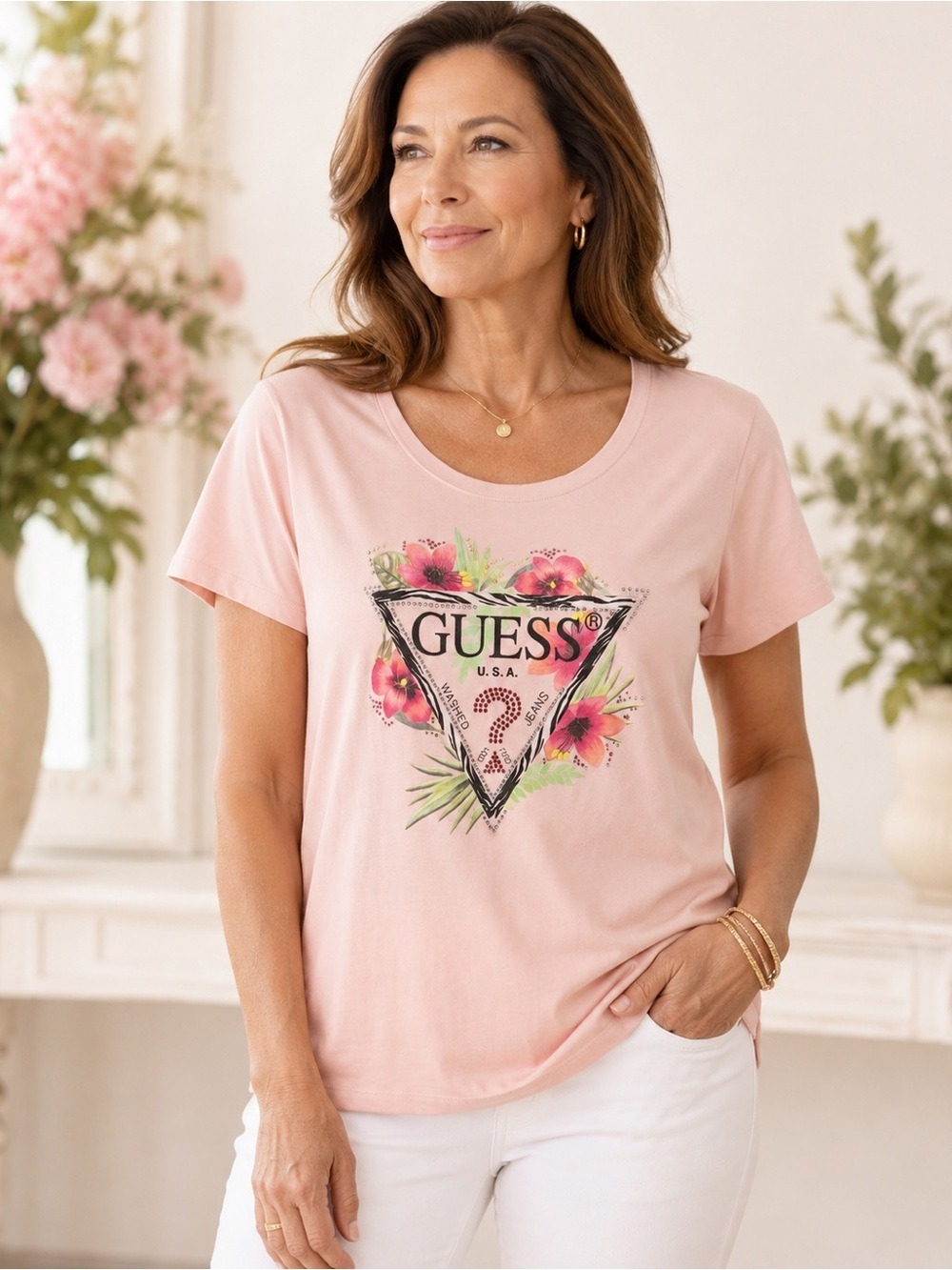 GUESS Pink Floral Logo Rhinestone Graphic T-Shirt | Size Medium